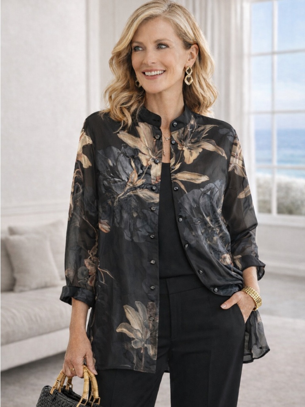 Chico’s Sheer Floral Button-Up Blouse | Elegant Layering Top | Size 2 Large